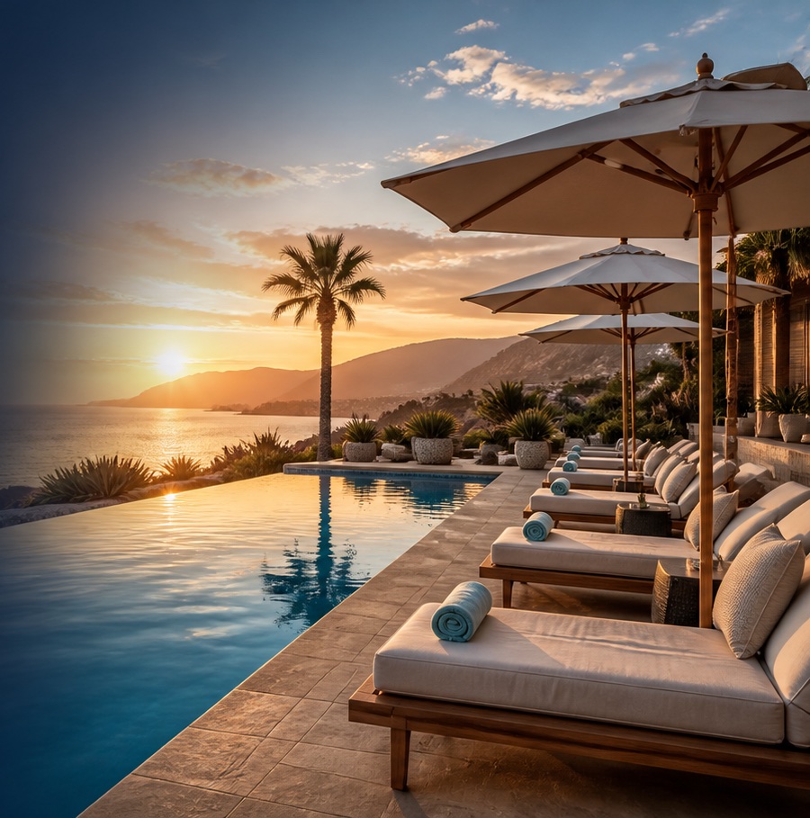 A coastal resort pool terrace with outdoor loungers and shade umbrellas at sunset